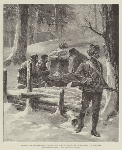 The Black Mountain Expedition, Officers Mess, lejr ved Akhund Baba, 9100 fod høj, i en snestorm af William Heysham Overend
