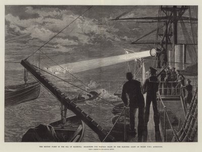 Den britiske flåde i Marmorahavet søger efter torpedobåde ved det elektriske lys om bord på HMS Agincourt af William Heysham Overend