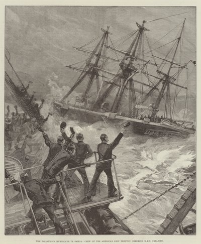 Den katastrofale orkan i Samoa, besætningen på det amerikanske skib Trenton jubler over HMS Calliope af William Heysham Overend
