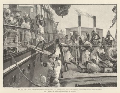 Emin Pasha nødhjælpsekspeditionen ved Banana Point, 18. marts 1887, dampskibet Madura overfører passagerer til en dampbåd fra Congofloden af William Heysham Overend