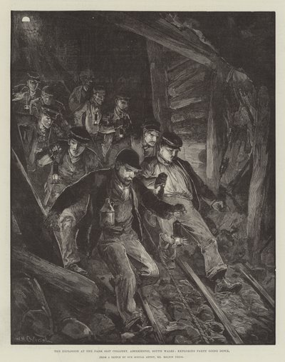 Eksplosionen i Park Slip Colliery, Aberkenfig, Sydwales, udforskning af en fest på vej ned af William Heysham Overend