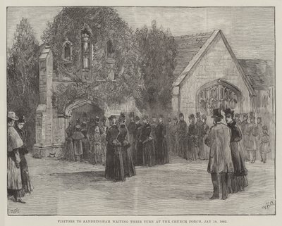 Begravelsen af den afdøde hertug af Clarence og Avondale, besøgende i Sandringham venter på deres tur ved Church Porch, 18. januar 1892 af William Heysham Overend