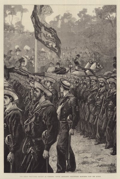 The Great Volunteer Review i Windsor, Naval Artillery Volunteers marcherer forbi dronningen af William Heysham Overend