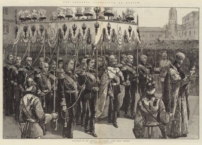 Den kejserlige kroning i Moskva, procession af kejser og kejserinde efter at være blevet kronet af William Heysham Overend