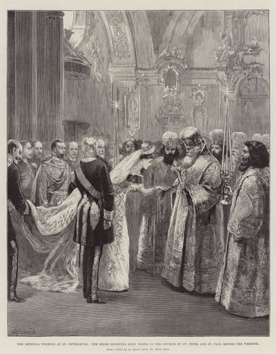 Det kejserlige bryllup i Sankt Petersborg, hvor bruden modtager vievand i Peters- og Paulskirken før brylluppet af William Heysham Overend