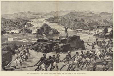 Nilens ekspedition, dampskibet Nassif-Kheir passerer den første port ved den anden katarakt af William Heysham Overend