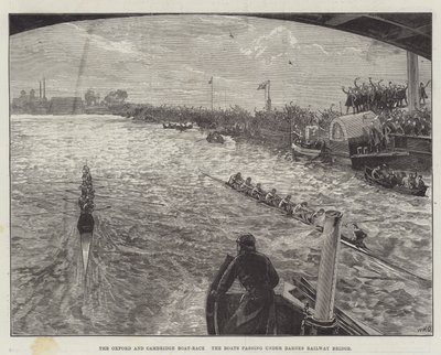 Oxford og Cambridge Boat-Race, bådene passerer under Barnes Railway Bridge af William Heysham Overend