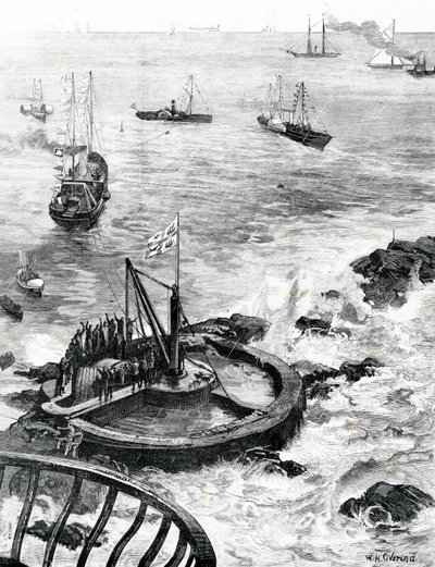 Prinsen af Wales og hertugen af Edinburgh lægger grundstenen til det nye Eddystone fyrtårn, illustration fra 