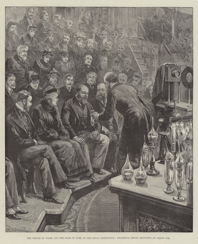Prinsen af Wales og hertugen af York ved Royal Institution, professor Dewar forelæser om Liquid Air af William Heysham Overend