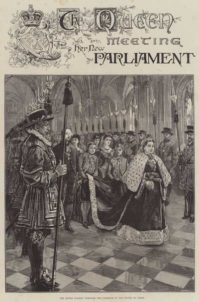 Dronningen møder sit nye parlament og passerer gennem korridoren til House of Lords af William Heysham Overend
