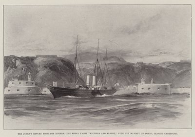 Dronningens tilbagevenden fra Rivieraen, Royal Yacht Victoria og Albert, med Hendes Majestæt ombord, forlader Cherbourg af William Heysham Overend