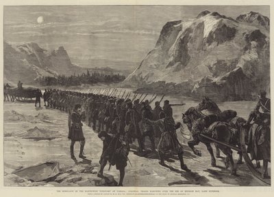 Oprøret i det nordvestlige territorium i Canada, koloniale tropper marcherer over isen i Nepigon Bay, Lake Superior af William Heysham Overend