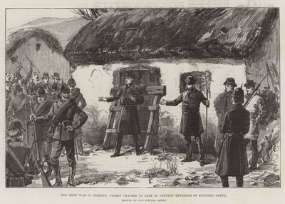 Huslejekrigen i Irland, præst lænket til porten for at forhindre indtrængen af en udsættelsesfest af William Heysham Overend