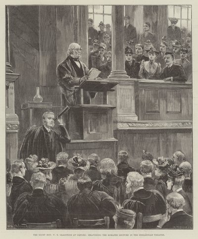 The Right Honorable W E Gladstone i Oxford, der leverer Romanes Lecture i Sheldonian Theatre af William Heysham Overend