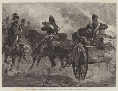 The Royal Review at Aldershot, Nordenfelt Gun åbner ild for at dække Advance of the 10th Husars af William Heysham Overend