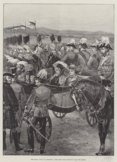 Det kongelige besøg i Aldershot, Scots Greys traver forbi dronningen af William Heysham Overend