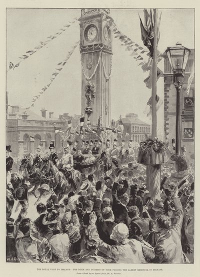 Det kongelige besøg i Irland, hertugen og hertuginden af York passerer Albert Memorial i Belfast af William Heysham Overend