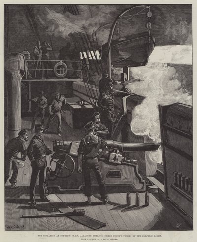 Situationen ved Souakim, HMS Albacore beskyder Osman Dignas styrker ved hjælp af elektrisk lys af William Heysham Overend