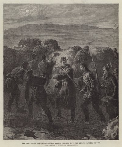 Krigen, før Plevna, rumænere, der laver skyttegrave op til den anden Gravitza-redoubt af William Heysham Overend