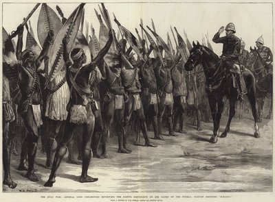 Zulu-krigen, general Lord Chelmsford gennemgår det indfødte kontingent på bredden af Tugela, indfødte råbte H-H-Ooo! af William Heysham Overend