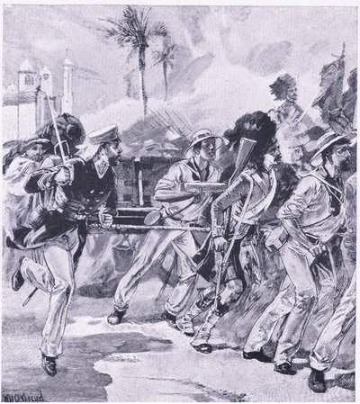 Flådebrigaden fra HMS Shannon i Lucknow, november 1857, illustration fra British Battles on Land and Sea, 1915 af William Heysham Overend