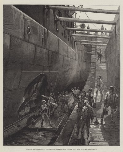 Torpedoeksperimenter i Portsmouth, skader på bagbords side af HMS Resistance af William Heysham Overend