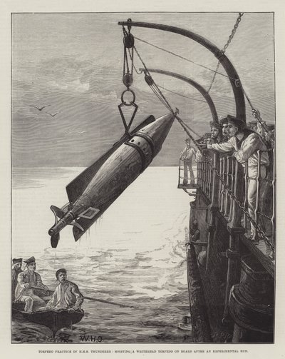 Torpedo-øvelse på HMS Thunderer, hvor en Whitehead-torpedo hejses om bord efter en forsøgsfart af William Heysham Overend