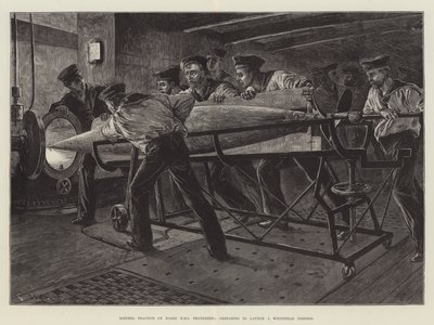 Torpedo-øvelse om bord på HMS Thunderer, der forbereder sig på at affyre en Whitehead-torpedo af William Heysham Overend