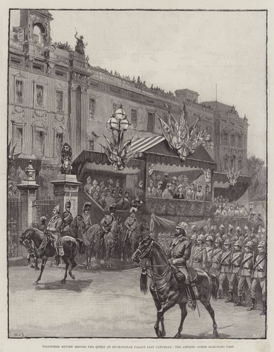 Frivillig anmeldelse før dronningen i Buckingham Palace Sidste lørdag marcherede kunstnerkorpset forbi af William Heysham Overend