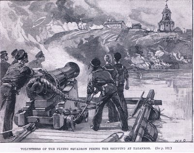 Frivillige fra den flyvende eskadron skyder på skibsfarten ved Taganrog 1855 AD af William Heysham Overend
