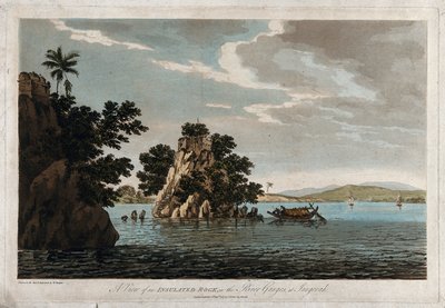 Udsigt til en isoleret klippe i Ganges-floden ved Jangerah af William Hodges