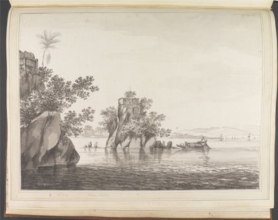 Udsigt over en isoleret klippe i floden Ganges ved Jangerah [Jahangira] af William Hodges