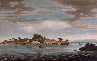En udsigt over fortet Mongheer ved bredden af Ganges-floden af William Hodges