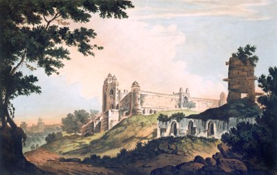 Udsigt over moskeen ved Futtipoor Sicri, pub. 1785-88. af William Hodges