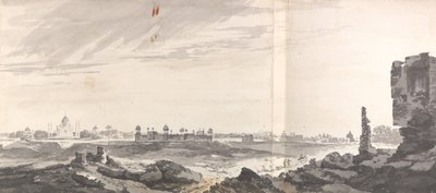 Udsigt over ruinerne ved Agra og Taj Mahal af William Hodges