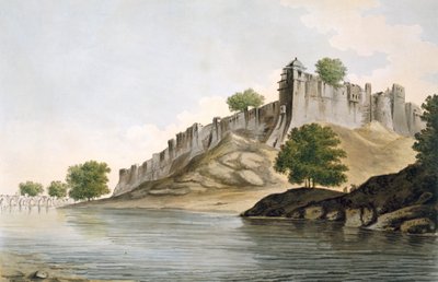 Pl. 33 A View of the Fort of Ilionpoor upon the Banks of the River Goomty fra "Select Views in India", pub. 1785-88 (farvet ætsning med akvatint) af William Hodges