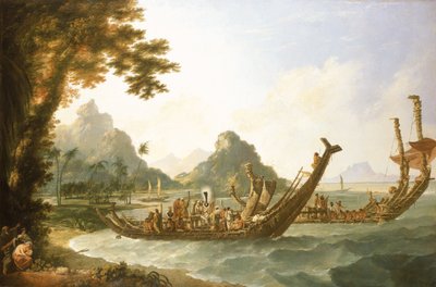 Krigsbådene på øen Otaheite (Tahiti) og Samfundsøerne med udsigt over en del af havnen i Ohaneneno på øen Ulieta, en af Samfundsøerne. af William Hodges