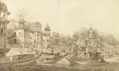 Udsigt over en del af byen Benares, ca. 1781 (grå vask med pensel og blæk over blyant på papir lagt på vaskholder) af William Hodges