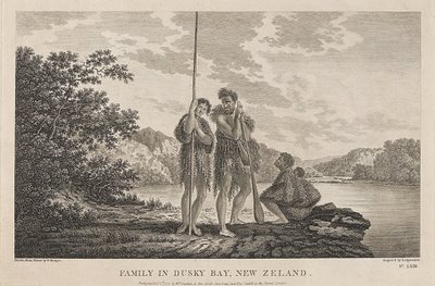 Udsigt over Bay of Islands (Dusky Bay) (New Zealand) med en maori-familie. Gravering (33,9x47,1 cm) efter en tegning af William Hodges (1744-1797), ca. 1785. af William Hodges
