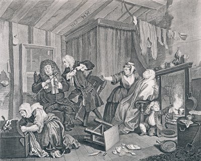 En luders færd, plade fem: Expires while the Doctors are Disputing, 1732 (ætsning og gravering) af William Hogarth