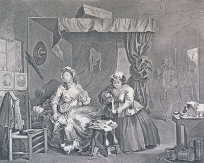 En skøges fremskridt, plade tre: Pågrebet af en dommer, 1732 (ætsning og gravering) af William Hogarth