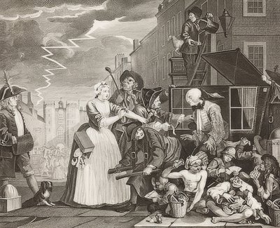 A Rake?S Fremskridt, Plade 4: The Rake Arrested, Going to Court / Der Weg eines Liederlichen, Blatt 4: Tom Rakewell arresteret og reddet. 1735 af William Hogarth