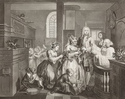 A Rake? S Progress, Plade 5: The Rake Marrying an Old Woman / The Path of a Dissolute, Blad 5: Tom Rakewell gifter sig med en rig gammel kvinde). 1735 af William Hogarth