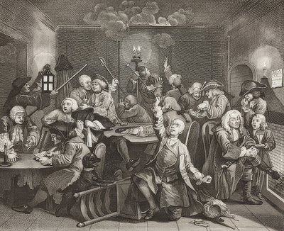 A Rake? S Fremskridt, Plade 6: The Rake at a Gaming House / Der Weg eines Liederlichen, Blatt 6: Tom Rakewell i en spillehule. 1735 af William Hogarth