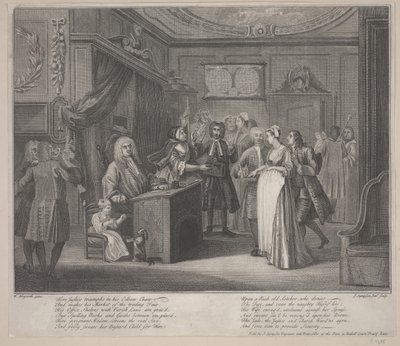 En kvinde, der sværger et barn til en gravborger, ca. 1730-35 (radering) af William Hogarth