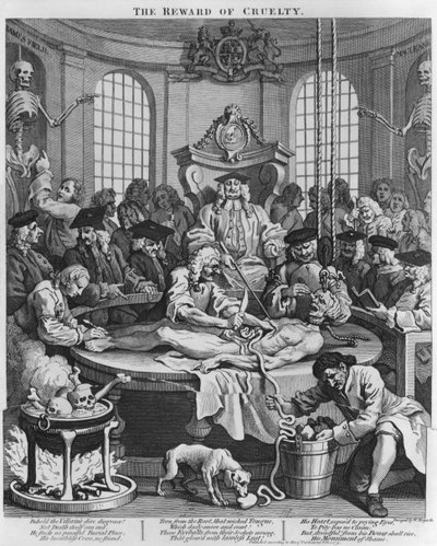 Obduktion eller grusomhedens belønning, fra grusomhedens fire stadier, 1751 af William Hogarth
