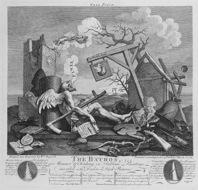 Bathos, måde at synke, i sublime malerier indskrevet til forhandlerne i mørke billeder, 1764 af William Hogarth