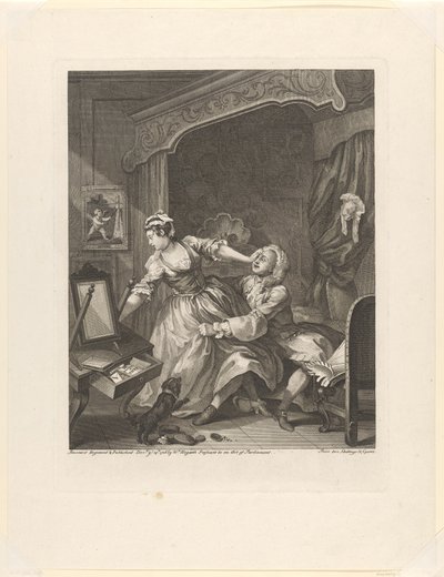 "Før" Mand trækker en modvillig kvinde mod sig i et soveværelse før (titel på objekt) Før og efter (serietitel) Før og efter (serietitel) af William Hogarth