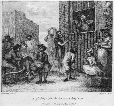 Første design til The Enraged Musician, 1799 af William Hogarth