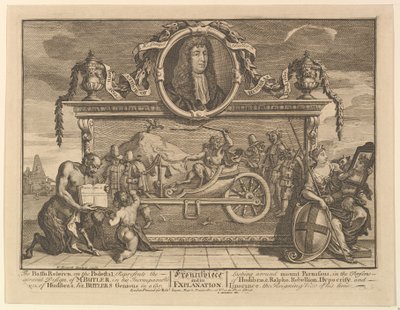Frontispice og dens forklaring Tolv store illustrationer for Samuel Butlers Hudibr..., 1725-68. af William Hogarth